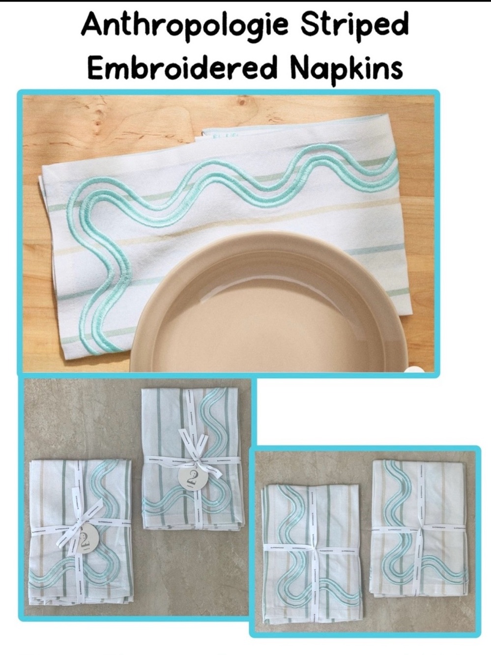 Anthropologie Striped Embroidered Napkins